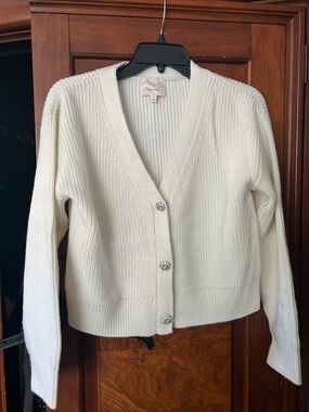 cinq a sept palmer Cream V-Neck Ribbed rhinestone Button Cardigan